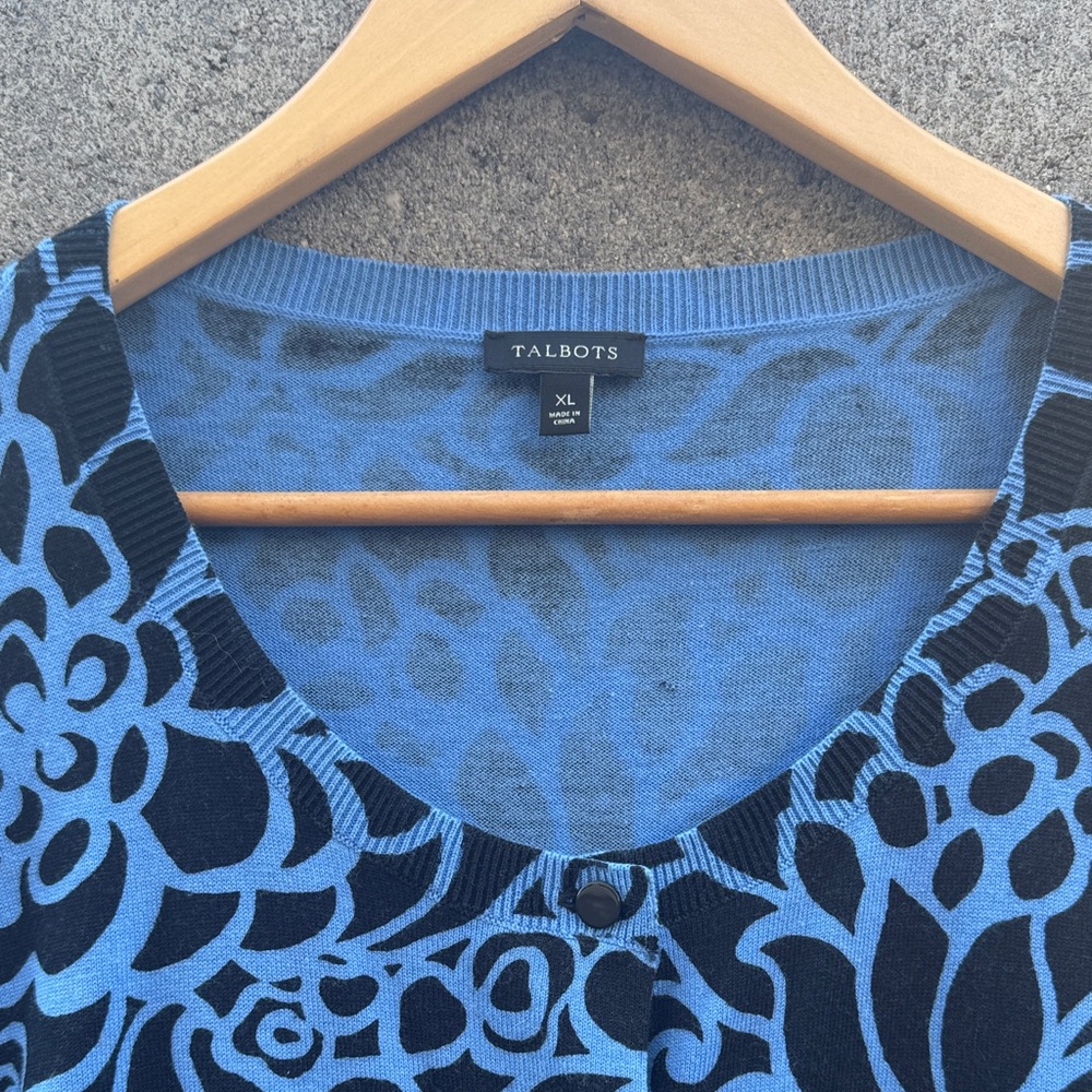 Talbots Blue Cotton Rayon Abstract Floral Button Up Cardigan Lightweight XL - Picture 2 of 6